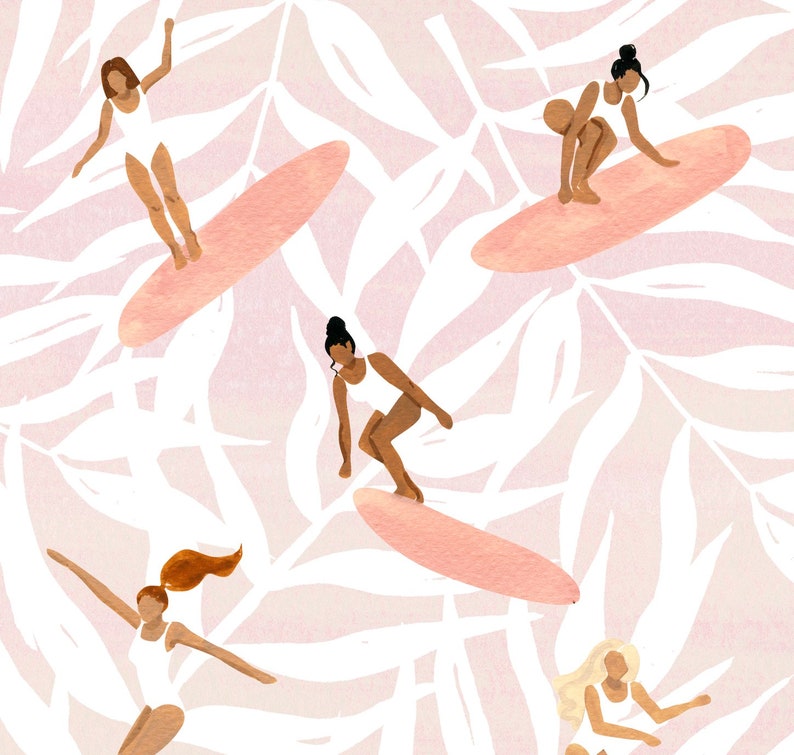 Women Surfing Print, Tropical Art Print, Surf Wall Art, Summer Prints, Bedroom Art Prints, Pink Wall Art, Ocean Art Prints, Women image 5