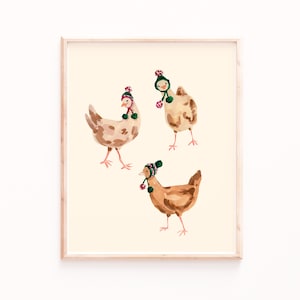 Farmhouse Style Wall Art, Funny Chickens Print, Chickens Wearing Hats, Winter Chickens Print, Painting of Chickens, Mantel Decor Farmhouse image 1