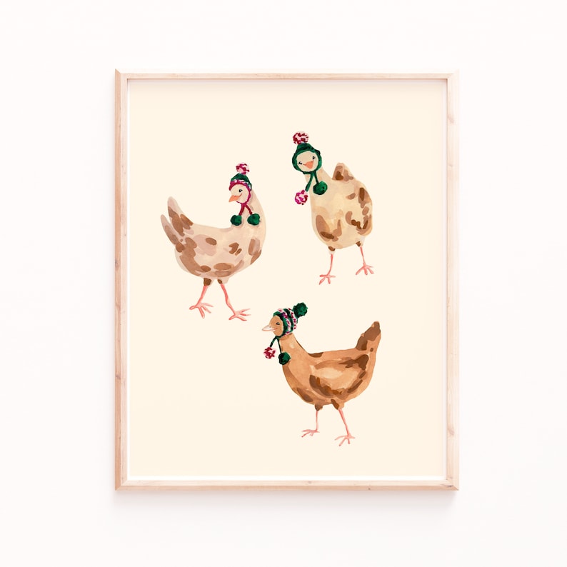 Farmhouse Style Wall Art, Funny Chickens Print, Chickens Wearing Hats, Winter Chickens Print, Painting of Chickens, Mantel Decor Farmhouse image 1
