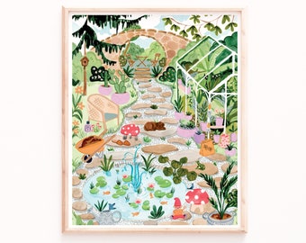 Secret Garden Art Print - Botanical Greenhouse with Frogs and Mushrooms