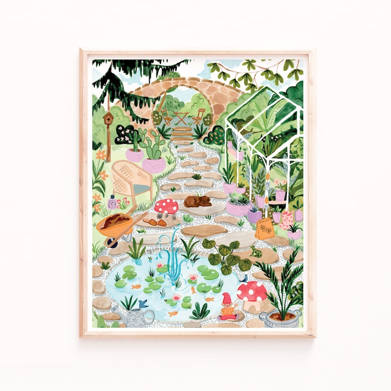 Secret Garden Art Print - Botanical Greenhouse with Frogs and Mushrooms image 1