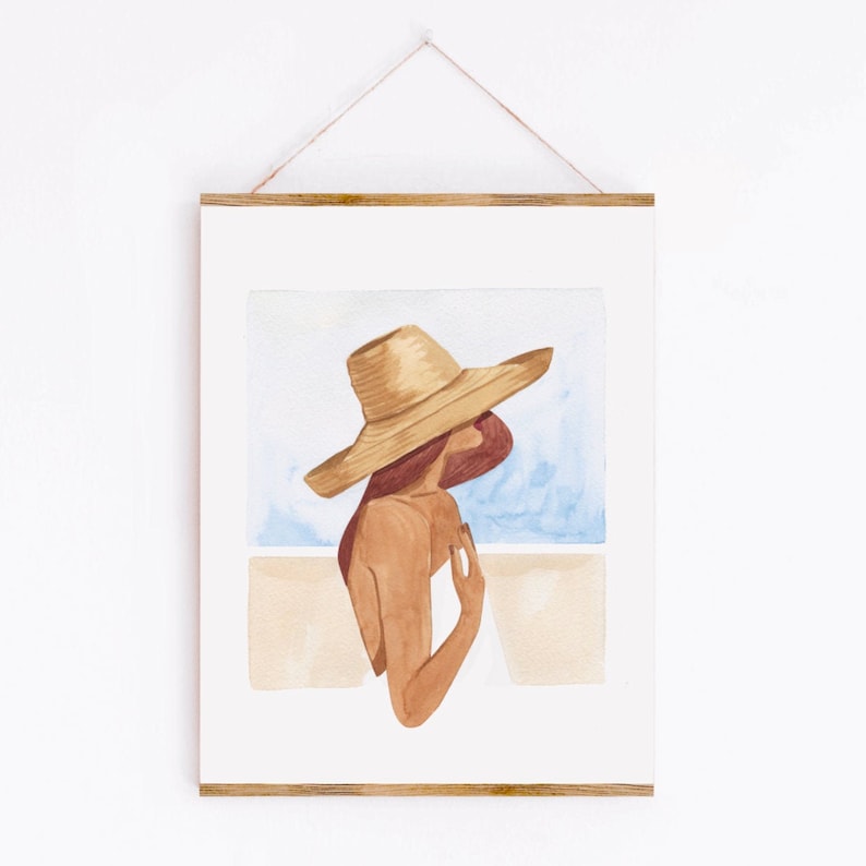 Emmeline Art Print Sabina Fenn Illustration Fashion Portrait Watercolor and Gouache Painting Wall Decor Minimal Sun Hat Summer Artwork image 1