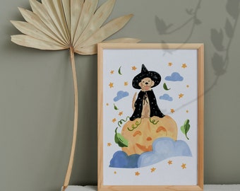 Halloween Witch Dog Print - Cute Autumn Wall Art