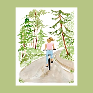 Aquarell Radfahren Kunstdruck | Frau mit Pinien und Radfahren | Stille Wald Wand Kunst | Naturinspiriertes Dekor für Radfahrer | Fahrrad-Liebhaber-Geschenk