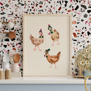 Farmhouse Style Wall Art, Funny Chickens Print, Chickens Wearing Hats, Winter Chickens Print, Painting of Chickens, Mantel Decor Farmhouse image 4