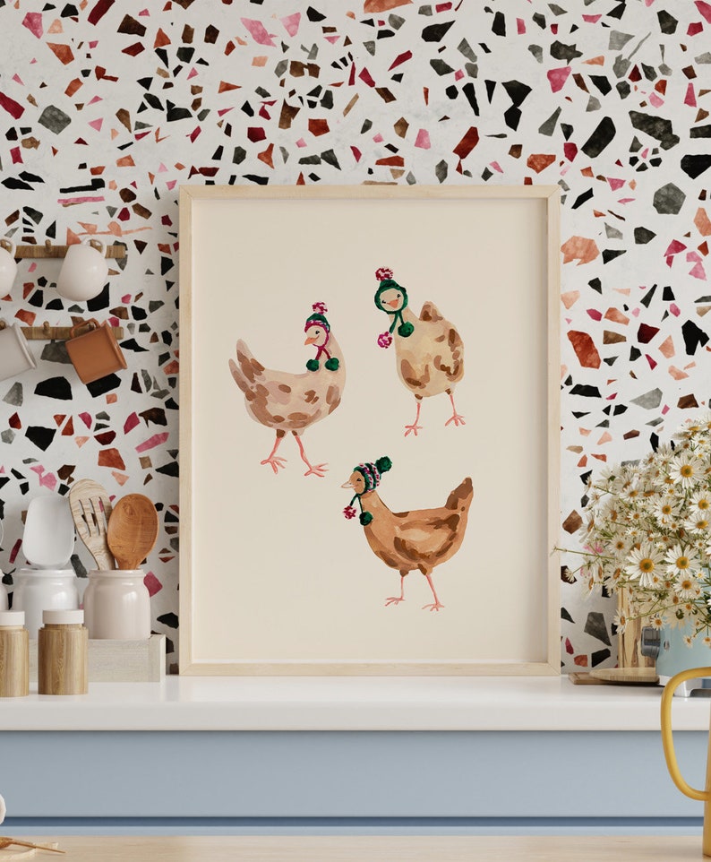 Farmhouse Style Wall Art, Funny Chickens Print, Chickens Wearing Hats, Winter Chickens Print, Painting of Chickens, Mantel Decor Farmhouse image 4