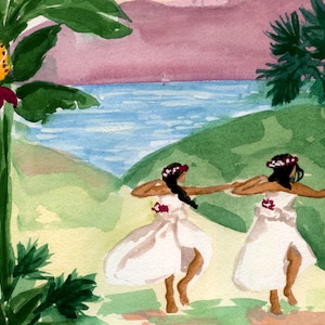 Instant Download Print, Island Dancers Art Print, Watercolor Gouache Wall Art Illustration - Chic Tropical Hawaiian Painted Decor