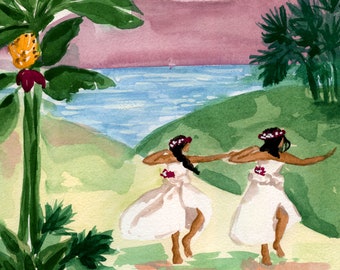 Instant Download Print, Island Dancers Art Print, Watercolor Gouache Wall Art Illustration - Chic Tropical Hawaiian Painted Decor