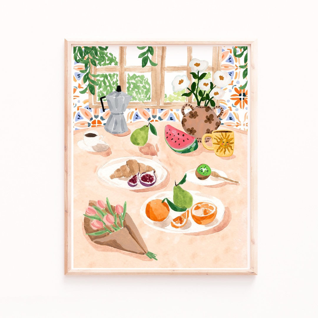 Cozy Kitchen Table Art Print – Flowers, Fruit, and Coffee Still Life ...