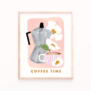 Impression d'affiche de café, art bar, impression de café girly, art de cuisine rose, impression de café rose, art mural floral, décoration de cuisine, cuisine girly