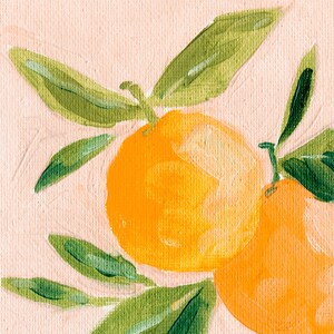 May include: Two bright orange oranges with green leaves on a light pink background. The oranges are painted in a loose, impressionistic style.