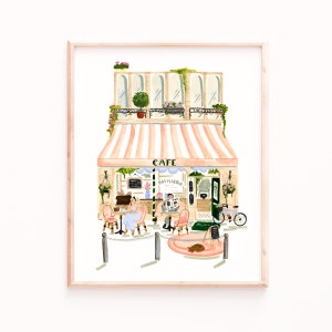 Paris Art Print, Parisian Scene Illustration, People and Bicycles, Buildings, Cafe, Eiffel Tower, Watercolor Giclee Painting, Sabina Fenn