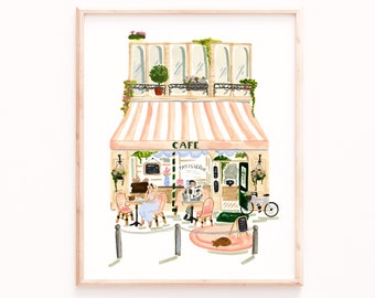 Paris Art Print, Parisian Scene Illustration, People and Bicycles, Buildings, Cafe, Eiffel Tower, Watercolor Giclee Painting, Sabina Fenn