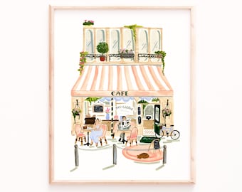 Paris Cafe Art Print: Watercolor Scene with Snoozing Cat