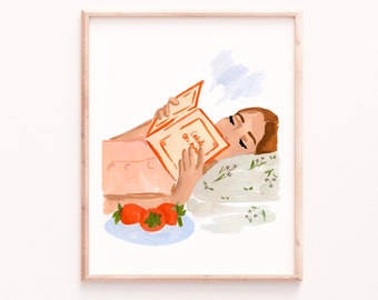 Feminine Wall Art Print - Woman Reading in Cozy Bed Scene