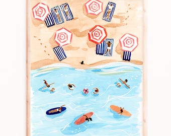 Watercolor Beach Art Print: Surf and Colorful Umbrellas - Coastal Decor