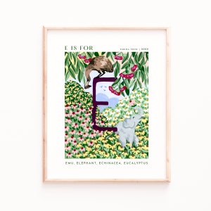 Monograma E Art Print, Impresiones del alfabeto, Arte alfabético de la pared, Decoración de la guardería, Impresiones de la guardería, Habitación para bebés, Habitación para niños, Impresiones de letras, Animales