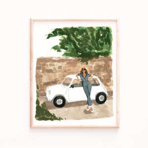 Italy Car Print: Woman in Jumpsuit, Watercolor Travel Art