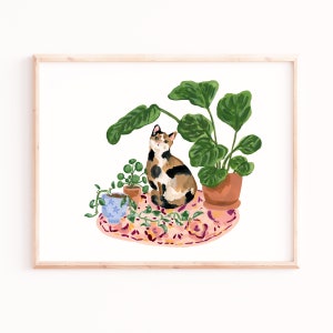 Lámina artística de gato calicó, póster de gatos y plantas, regalos para amantes de los gatos, plantas de interior y pintura para mascotas