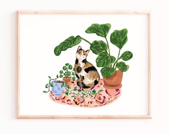 Calico Cat Art Print, Cats and Plants Poster, Cat Lover Gifts, Houseplants and Pet Painting
