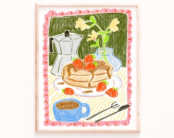 Pancake Still Life Print: Strawberries, Coffee, Brunch Art