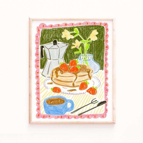 Pancake Still Life Print: Strawberries, Coffee, Brunch Art