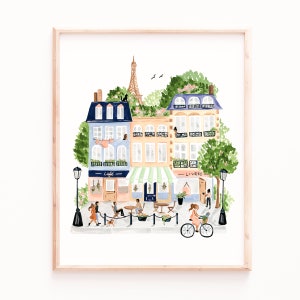 Paris Art Print, Illustration de scène parisienne, Personnes et vélos, Bâtiments, Café, Tour Eiffel, Peinture à l'aquarelle, Sabina Fenn image 3