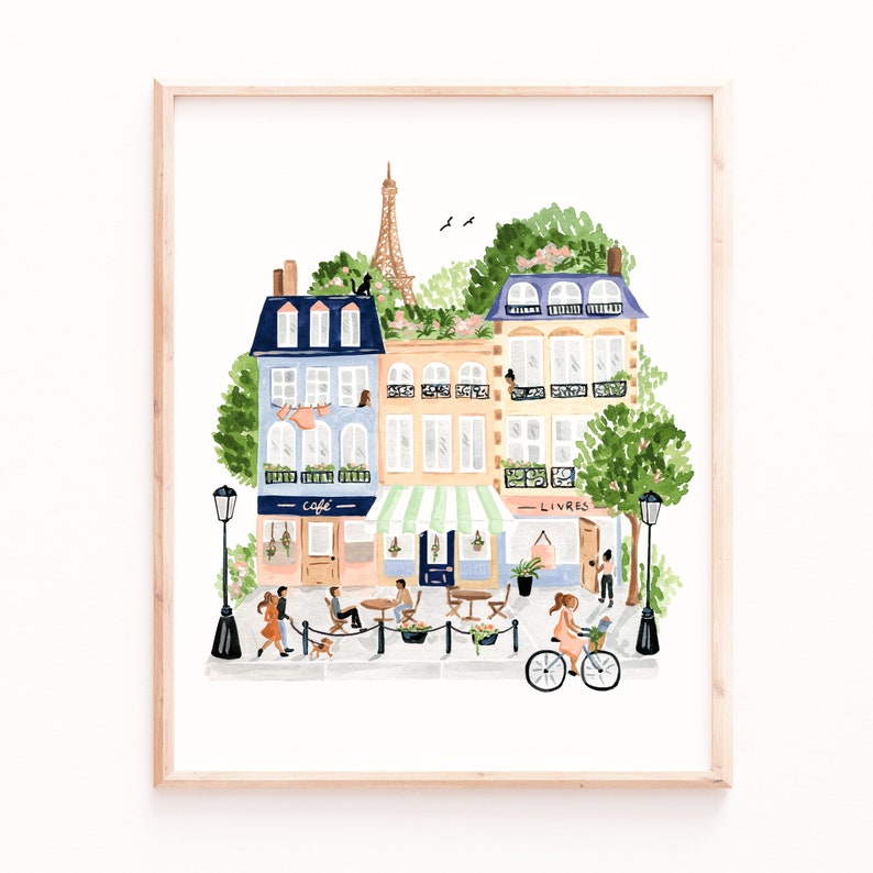 Paris Art Print, Illustration de scène parisienne, Personnes et vélos, Bâtiments, Café, Tour Eiffel, Peinture à l'aquarelle, Sabina Fenn image 3