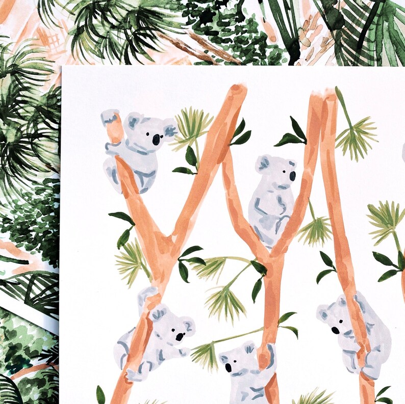 May include: A white background with a repeating pattern of orange branches and green leaves.  Five gray koalas are climbing the branches.