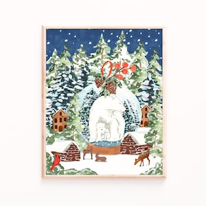 Weihnachts-Eisbär-Schneekugel-Kunstdruck - Winterliche Wandkunst mit Hirsch, Kardinal, Hütten, verschneiten Bäumen und rustikaler Waldweihnachtsdekoration