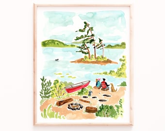 Custom Camping at the Lake Art Print, Couple and Dog Canoe, Gifts for Her, Canadian Gifts, Canada Wall Art, Dog Lover Gift, Bedroom Prints