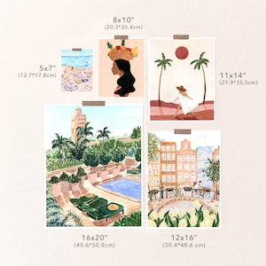 May include: A set of 8 watercolor illustrations featuring various scenes, including a woman with a basket of fruit on her head, a beach scene with umbrellas, a poolside view with palm trees, a city street with colorful buildings, and a woman walking on a sandy path. The illustrations are printed on white paper and come in different sizes, ranging from 5x7 inches to 16x20 inches.