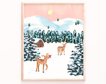 Winter Landscape Art Print with Deer and Bird