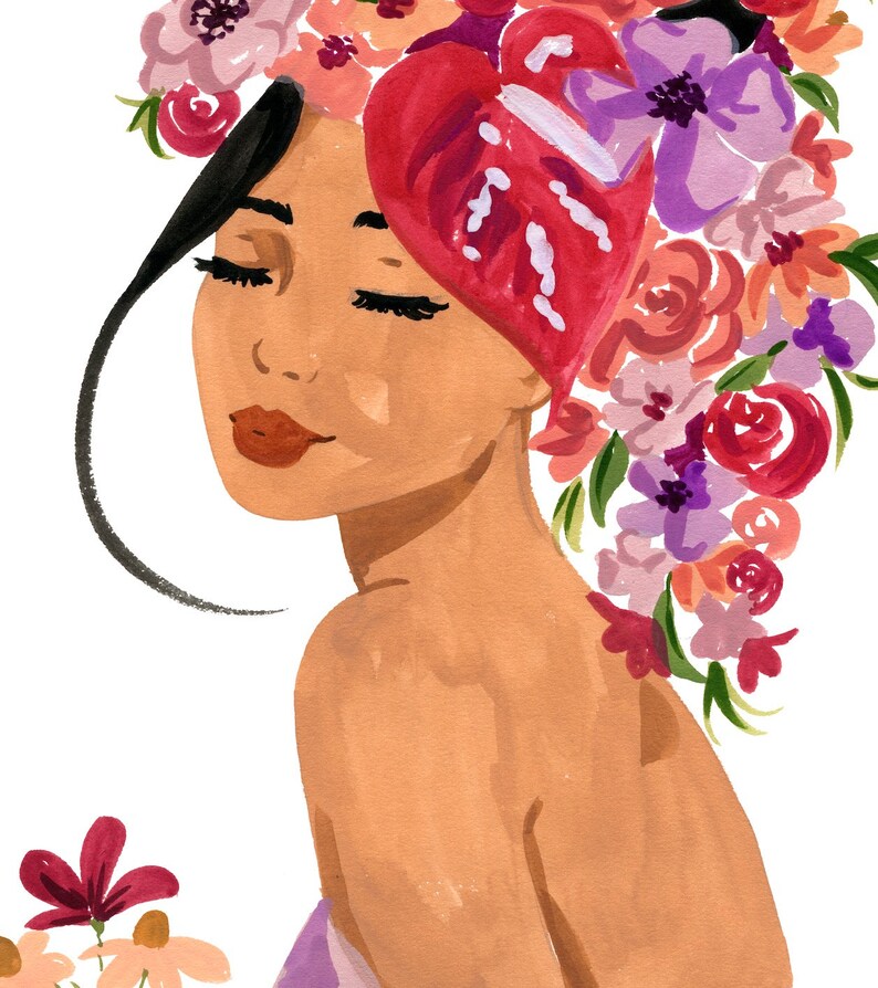 Portrait Art Print Woman With Flowers Femme Wall Art Etsy