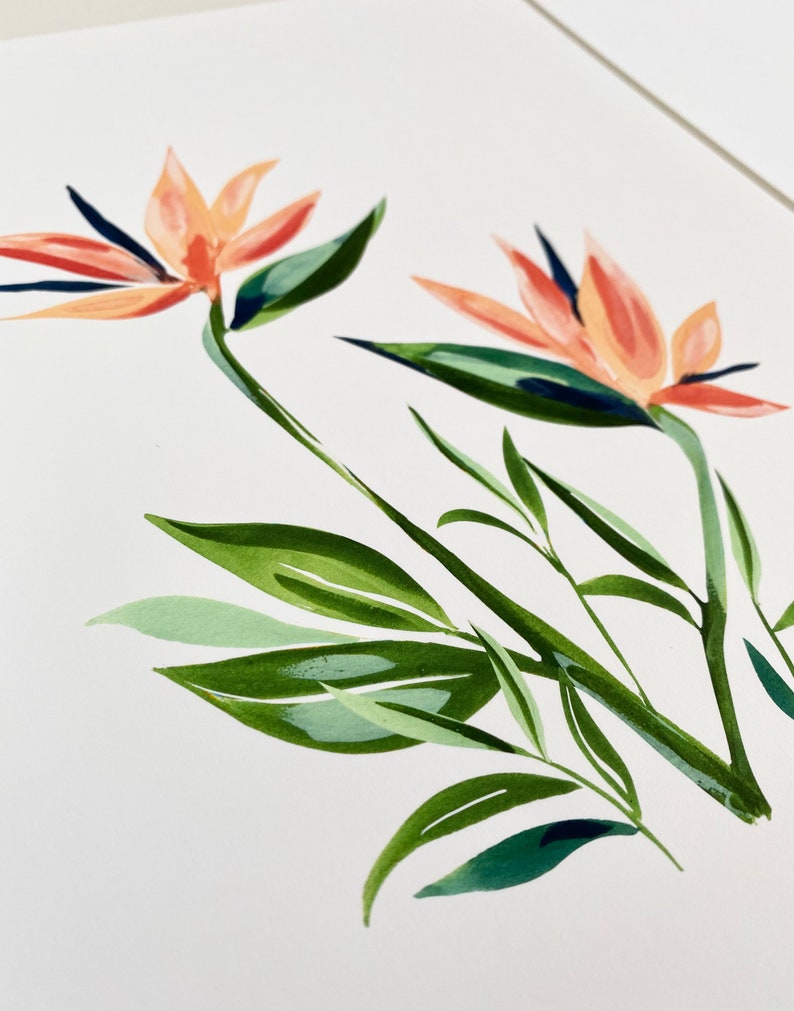 以下が含まれることがあります： オレンジ色の極楽鳥花と緑の葉を描いた水彩画です。