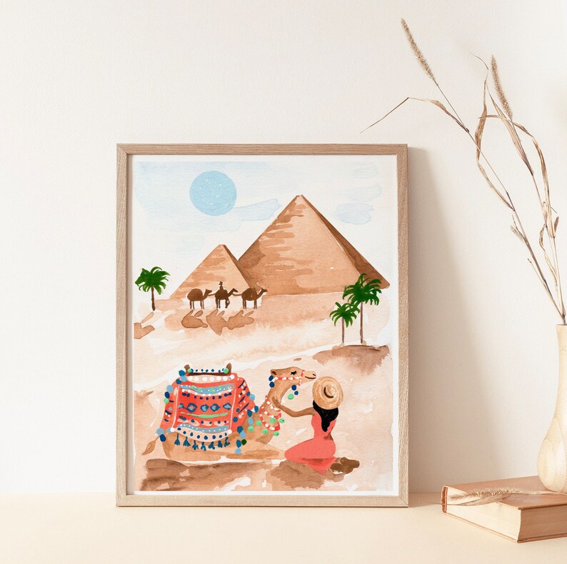 Cairo Art Print Egypt Art Desert Painting Travel Art Print Women and Animals Watercolor Camels Neutral Wall Art Sabina Fenn