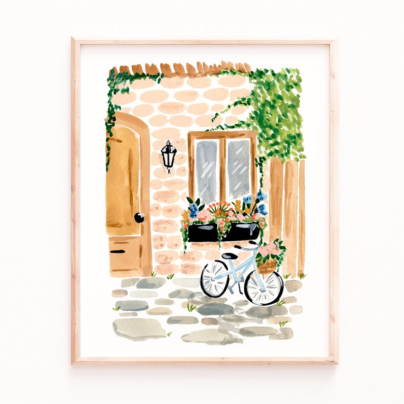 PRINTABLE Cute House Print, Summer Chic Wall Art, Bicycle and Flowers, Kitchen Wall Art, Bedroom Wall Art, Home Office Print, Parisian image 1