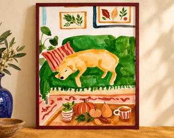 Autumn Dog Art Print, Sleeping Labrador on Green Sofa, Cozy Fall Wall Decor, Dog Lover Gift