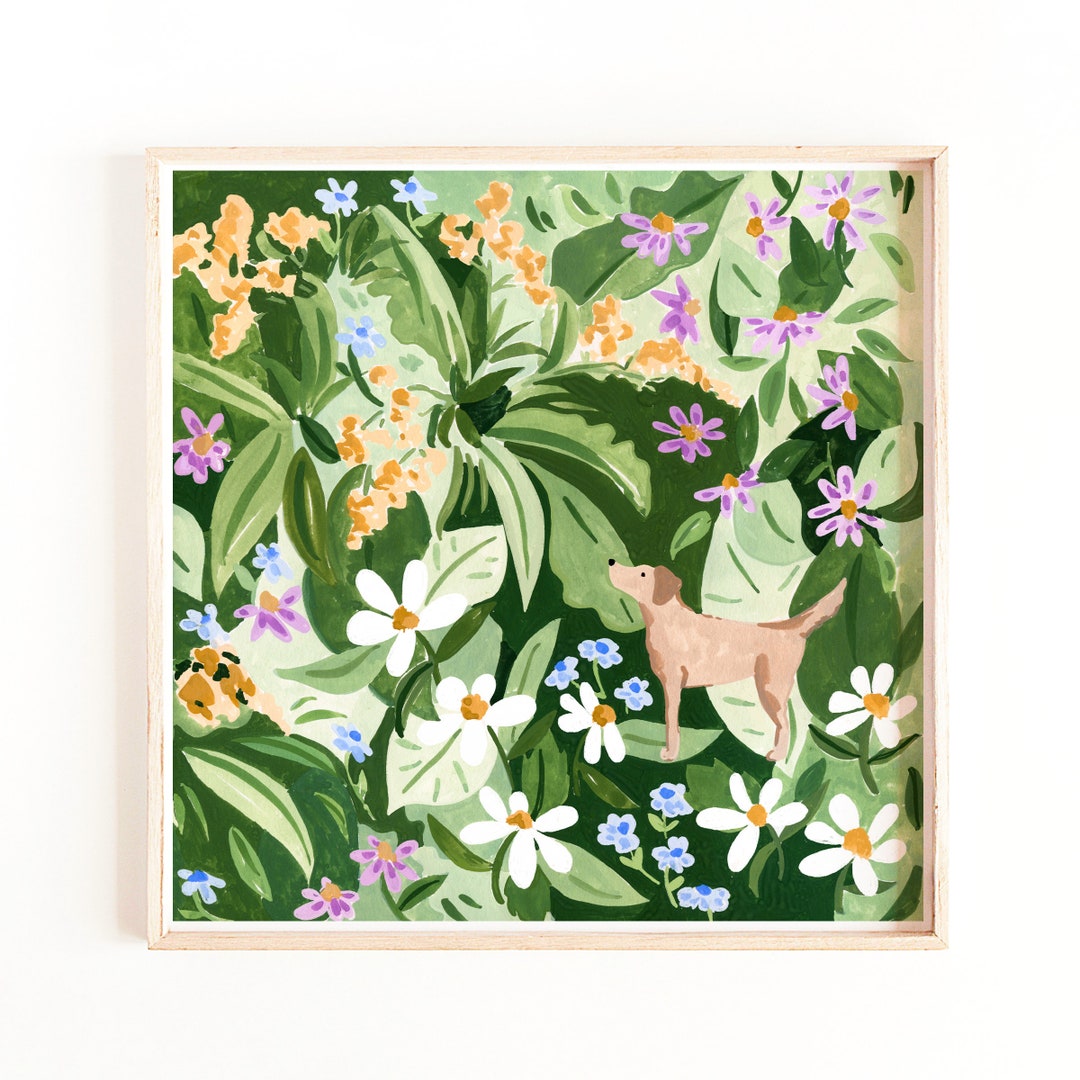Dog and Flowers Botanical Print, Hand Painted Prints, Floral Wall Art ...