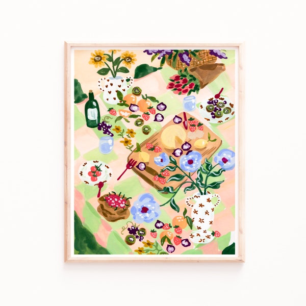 Summer Picnic Setting Art Print, Colorful Wall Art, Kitchen Prints, Dining Room Print, Fruit and Flowers, Floral Wall art, Sabina Fenn