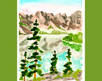 May include: A watercolor painting of a mountain landscape with a lake in the foreground. The mountains are painted in shades of brown and gray, and the lake is a light blue. There are four green trees in the foreground.