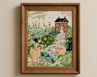 Cottage Garden Watercolor Art Print, Chickens and Flowers, Farmhouse Decor