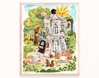 Kids Room Art Print: Whimsical Animal Coffee Shop - Gouache Painting