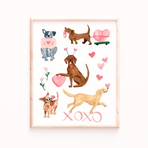 Valentine's Dog Print, Watercolor Puppies, Mixed Breeds