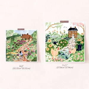 May include: Two illustrations of cottage gardens with stone paths, colorful flowers, and houses. The smaller illustration is 8x8 inches (20.32cm x 20.32cm) and the larger illustration is 11x11 inches (27.94cm x 27.94cm).