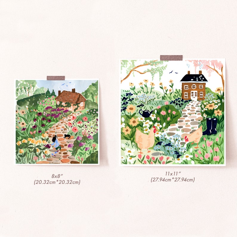 May include: Two illustrations of cottage gardens with stone paths, colorful flowers, and houses. The smaller illustration is 8x8 inches (20.32cm x 20.32cm) and the larger illustration is 11x11 inches (27.94cm x 27.94cm).