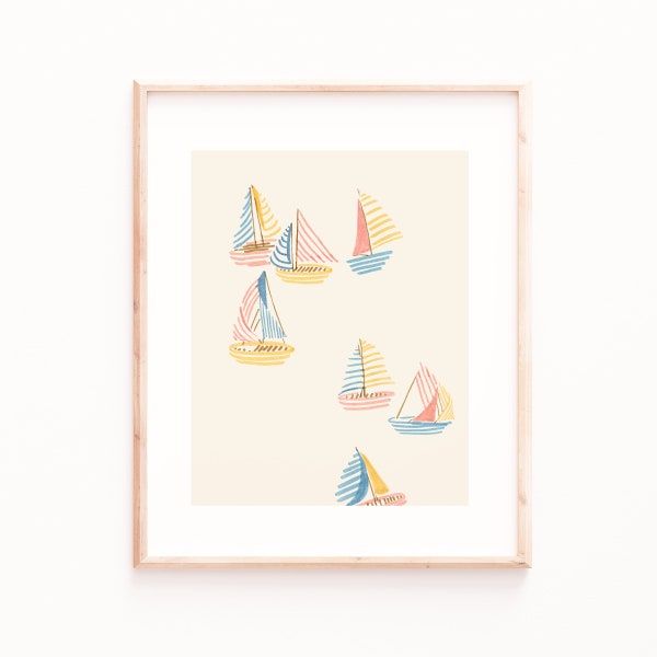 Striped Sailboats Art Print, Neutral Nautical Art, Modern Minimal Wall Art, Nautical Decor, Bedroom Prints, Bathroom Art, Sailboat Art