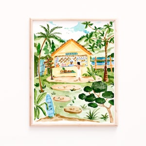 Hawaii Obststand Druck, Hawaiianische Wandkunst, Tropische Aquarellmalerei, Surf Strand Illustration