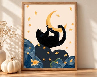 Black Cat and Moon Art Print, Whimsical Halloween Wall Decor, Celestial Cat Lover Gift