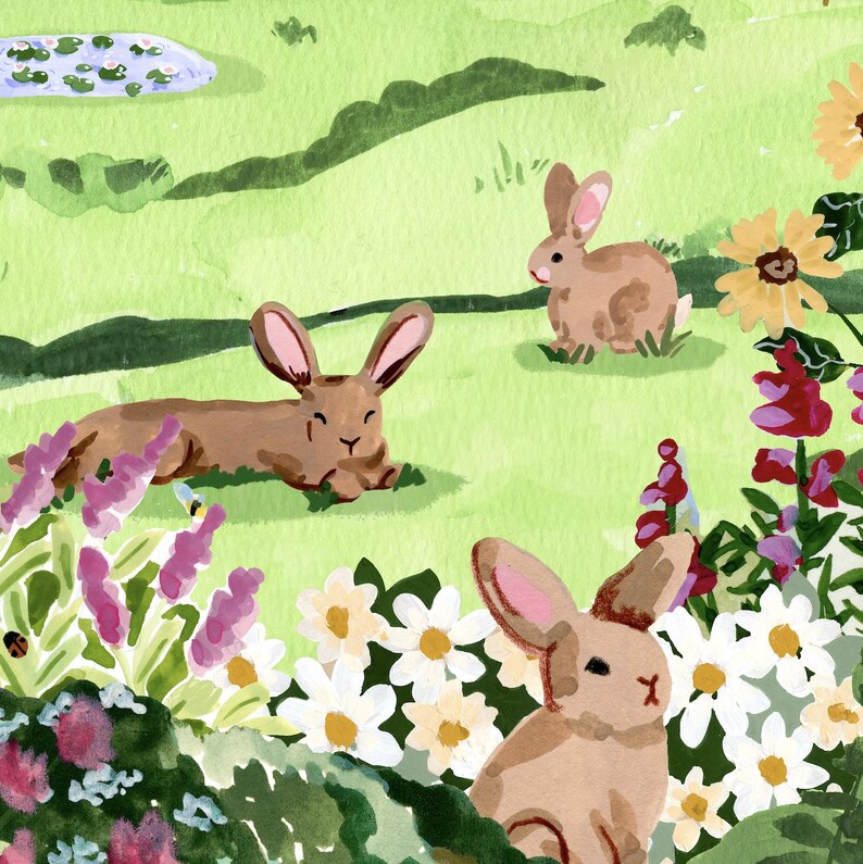 May include: Three brown rabbits in a green grassy field with white and yellow flowers. The rabbits are in different poses, one is lying down, one is sitting up, and one is standing. There are purple flowers in the foreground.